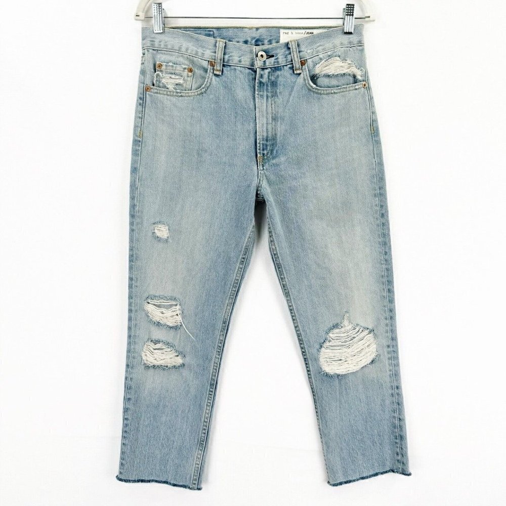 Rag & Bone Jeans Womens 27 Blue Crop Boyfriend Distressed Light Wash Rigid Denim - Picture 2 of 16